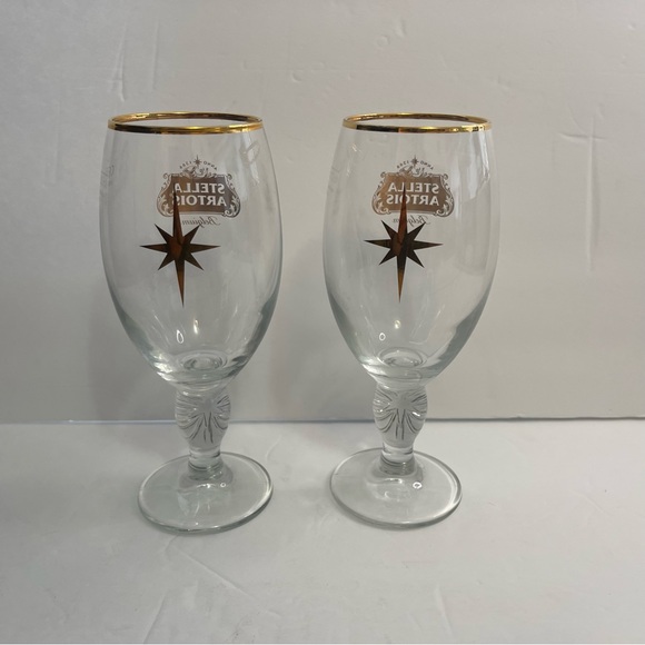 Stella Artois Belgium Beer Glasses Chalice 40CL Set of 2 Gold Rim - Picture 14 of 15